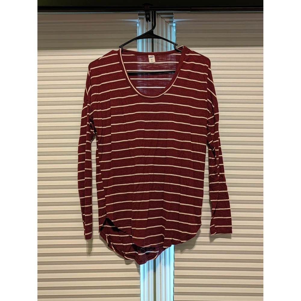 Old Navy Luxe Womens XS Burgundy White Striped Long Sleeve Scoop Neck Top